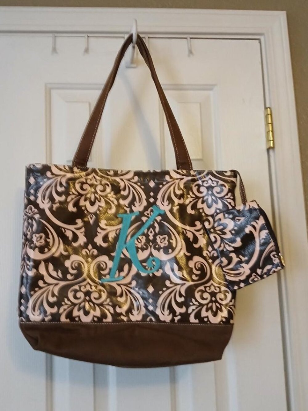 Brown and white tote with teal "K" monogram (2 pieces)